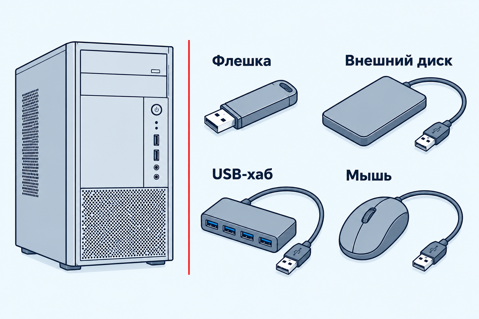 Схема отключённых USB-устройств — флешка, внешний диск, хаб и мышь рядом с закрытым системным блоком