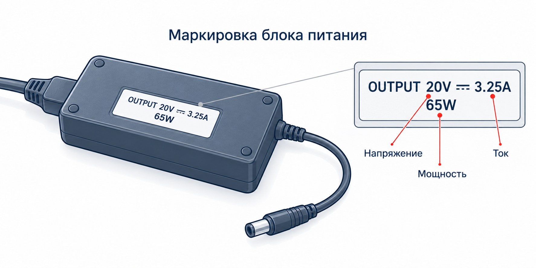 Маркировка выходного напряжения, тока и мощности на блоке питания ноутбука