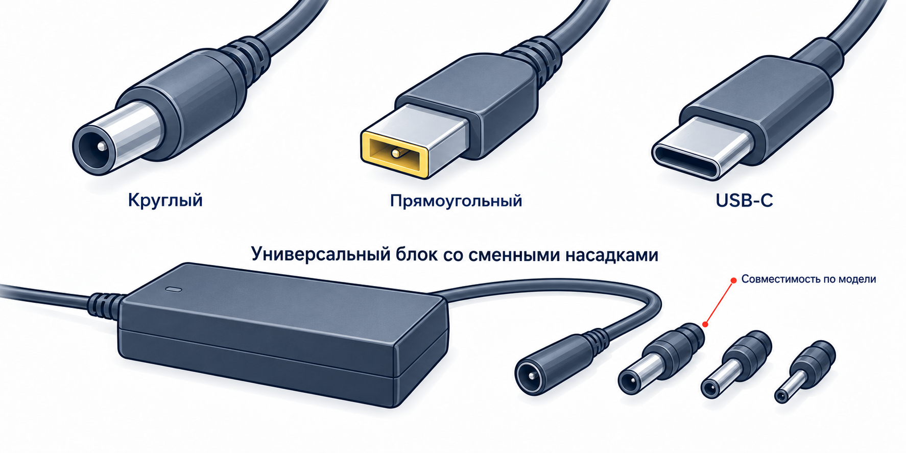 Круглый и прямоугольный штекеры, USB-C и отдельный пример блока со сменными насадками