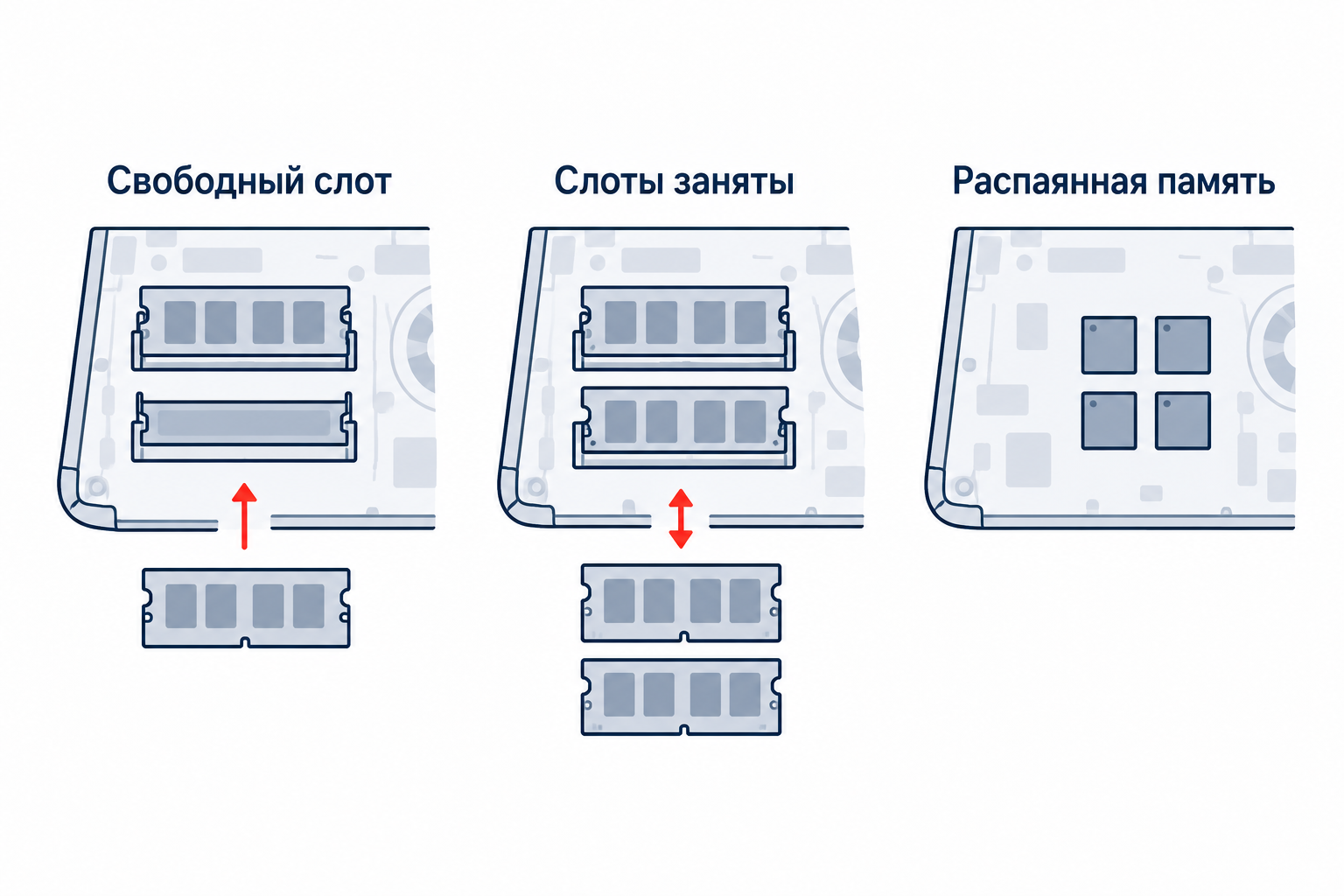 Три варианта памяти ноутбука — свободный слот, занятые слоты и полностью распаянная память