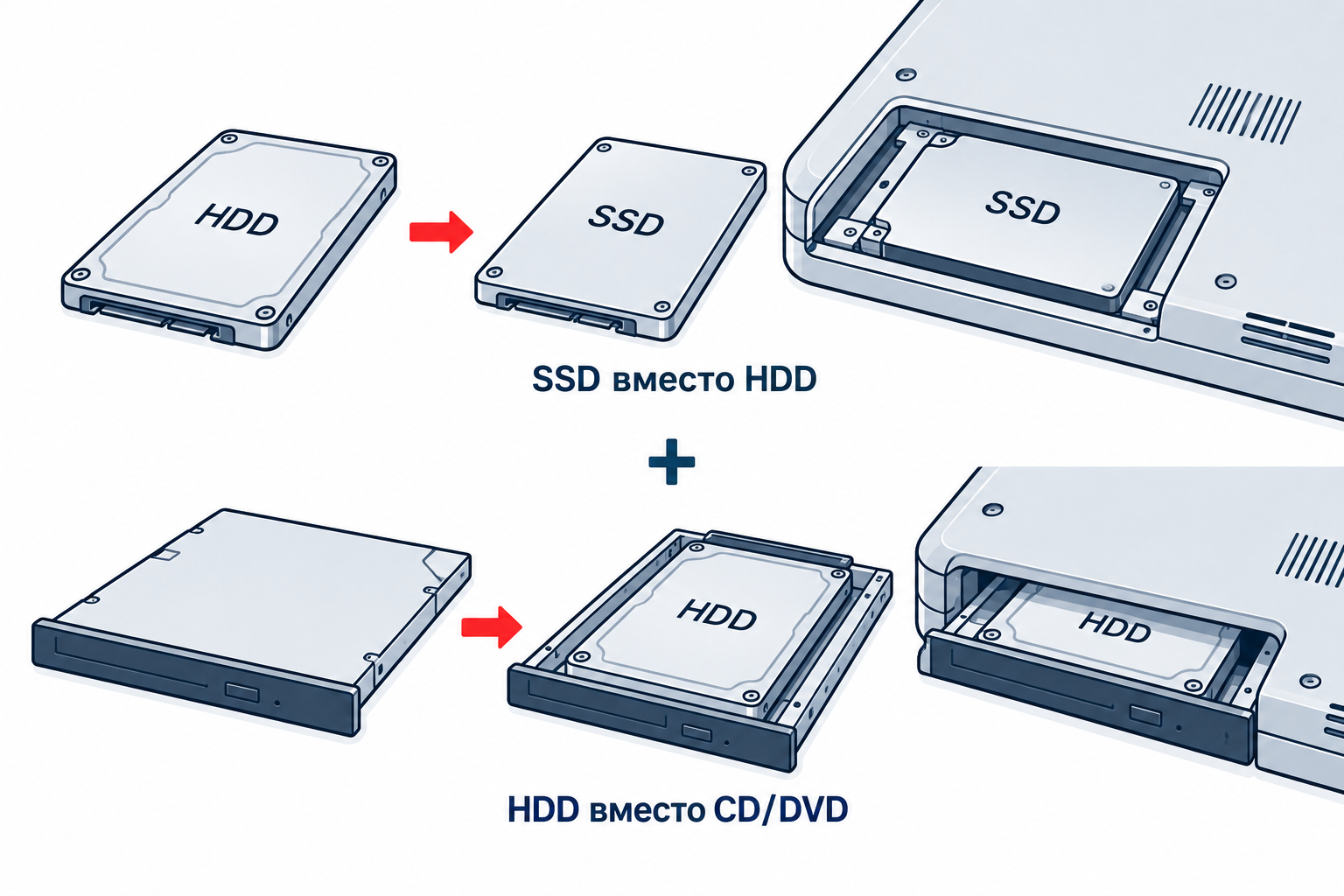 SSD в штатном отсеке и прежний HDD в салазках вместо оптического привода